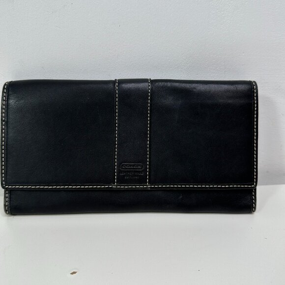 Coach Wallet Hamilton Signature Black Leather Continental Trifold Checkbook - Picture 1 of 11